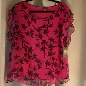 Vince Camuto Fuchsia Pink Shock Sheer Floral Blouse NWT Sz L FREE SHIP